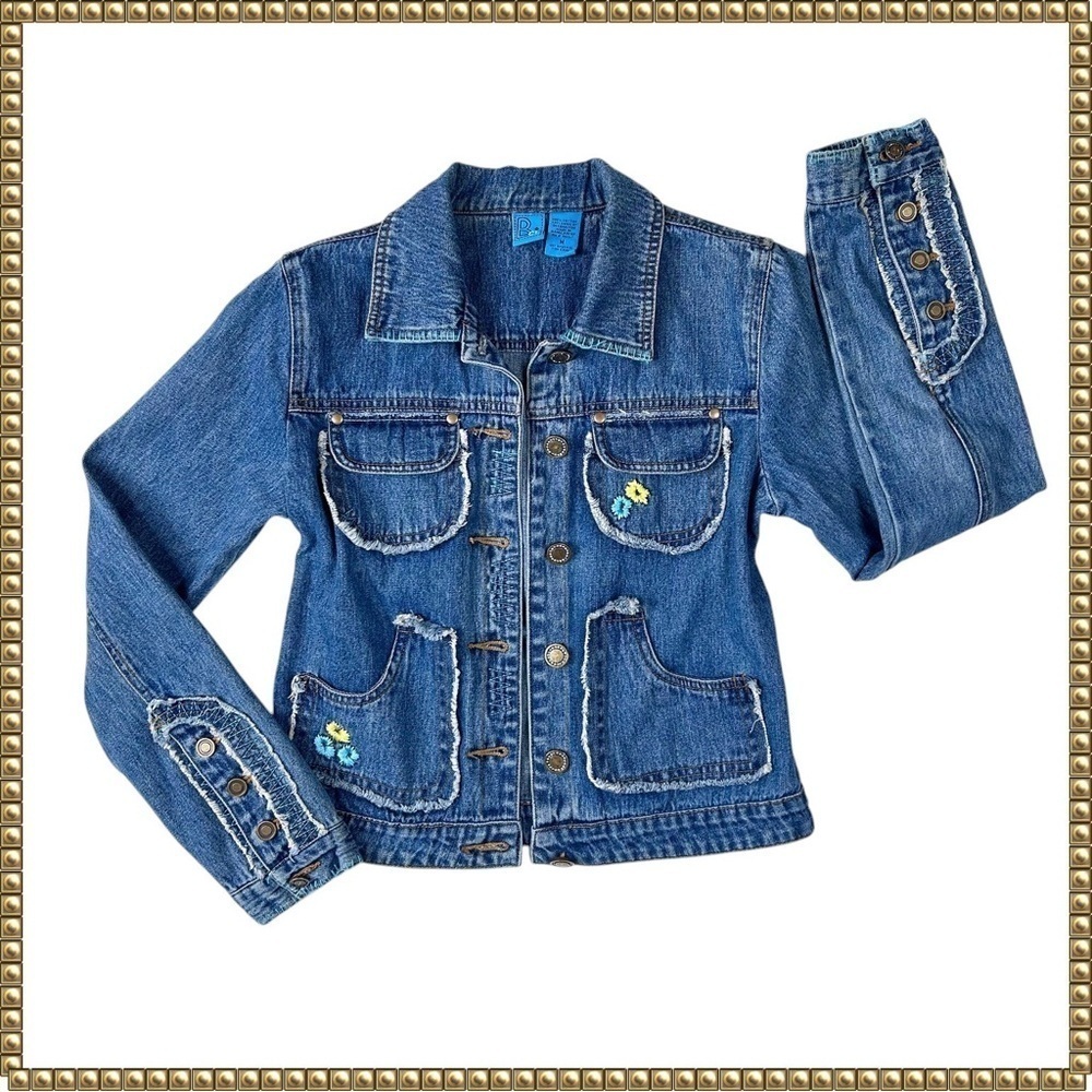 Denim Jacket Embroidered Floral Fringe Medium